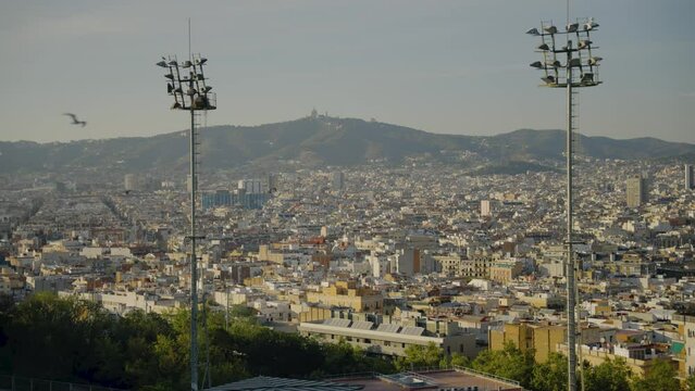 Skyline of Barcelona during sunset with beautiful view of tibidabo hills of barcelona and cityscape; rooftops of the city; view from Montjuic hill piscina municipal with flocks of birds flying around