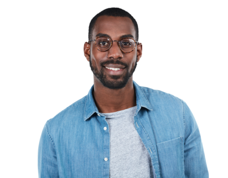 Young black man, face and smile with glasses isolated on transparent, png background for eye care or vision. Portrait of happy African model person with positive mindset, confidence and casual style