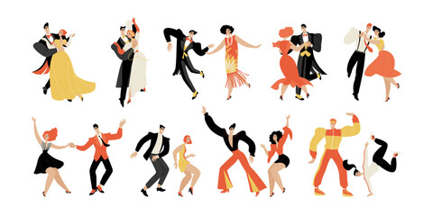 A set of dancing couples in historical costumes from different periods of the twentieth century. Retro characters