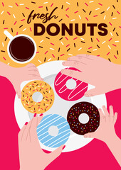 Fresh donuts poster. Hands reaching for donuts.