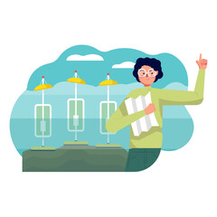 Young smiling lady standing near river and holding map. Measuring water level in river with special equipment. Engineer working at facility. Flat vector illustration in blue and green colors