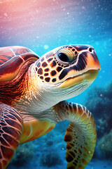 Fototapeta premium Sea turtle swims under water on the background of coral reefs. Generative AI