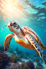 Fototapeta premium Sea turtle swims under water on the background of coral reefs. Generative AI