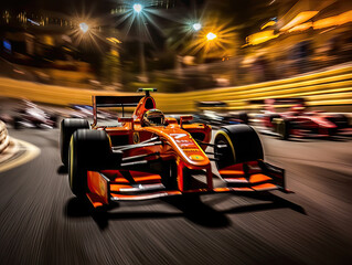 Obraz premium A formula one car races around the streets of an urban track at night.
