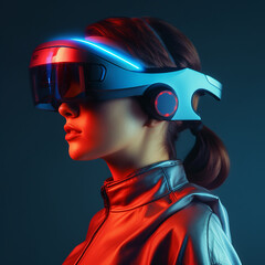 close up of a woman wearing vr glasses on black background,generative AI