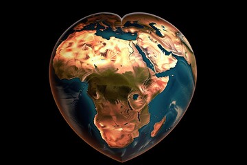 Heart-shaped planet Earth with the African continent depicted in shades of blue and bronze. Generative AI