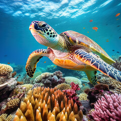Fototapeta premium Sea turtle swims under water on the background of coral reefs. Generative AI