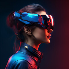 close up of a woman wearing vision pro or vr glasses on black background, generative AI