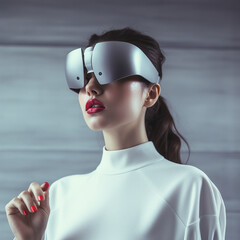 close up of a woman wearing vision pro or vr glasses ,generative AI