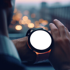 a man wearing a smartwatch and interacting with its interface, close up on mockup screen,generative AI