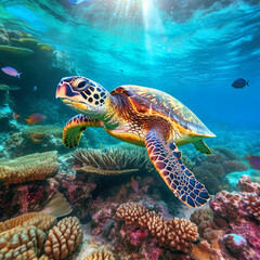 Naklejka na ściany i meble Sea turtle swims under water on the background of coral reefs. Generative AI