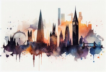 Beautiful view of the historic center of London, watercolor sketches. Generative AI.
