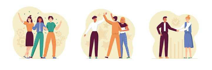 Fototapeta na wymiar Set of different workers celebrate success at work. Young ladies dancing on party. Workers give high five to each other. Director shaking hand to employee. Business concept. Flat vector illustration