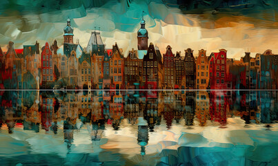 panorama of old town with river. Generative AI image.