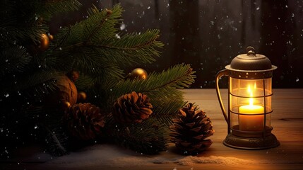 Mock-up of a Christmas mug with fir branches, cones, and a Christmas lantern for a design competition. Generative AI