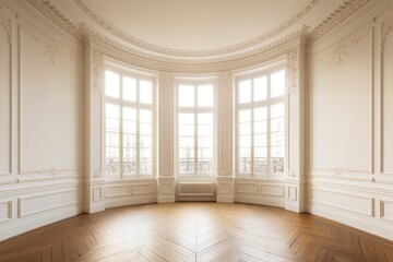 A vacant corner of the room with beige walls, three sizable windows in white, a light glossy parquet floor, and a white plinth. With a Work Path on the Windows, the perspective view. Generative AI
