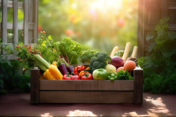 Fresh organic bio vegetables in a wooden box on a blurred green background. Harvesting. Harvest and healthy food concept.Generative AI