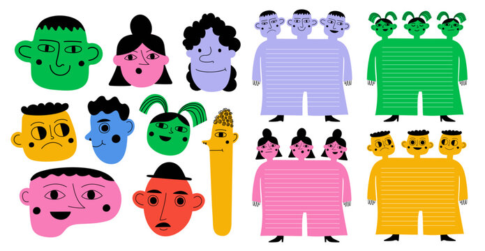 Vector illustration set with colored people. Emotion mood tracker template, notebook diary pages, funny school sticker pack collection, apparel print design