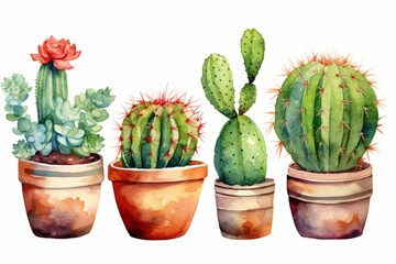 Cactus in pots in the style of watercolor painting, sharp/prickly, on a white background. Generative AI.