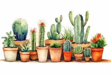 Cactus in pots in the style of watercolor painting, sharp/prickly, on a white background. Generative AI.