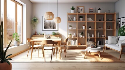 In a cozy Scandinavian living room, there is a copy space for you to montage your product display on a wooden dining table. close-up picture. Generative AI