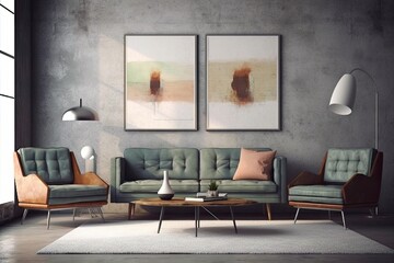 Two mock-up posters with vintage furnishings and a Nordic home style. Generative AI