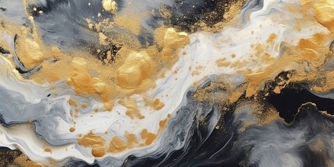 Abstract black and white marble texture with gold splashes, blue luxury background, Natural luxury abstract fluid art watercolor in alcohol ink technique, Generative AI