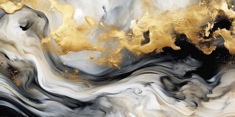 Abstract black and white marble texture with gold splashes, blue luxury background, Natural luxury abstract fluid art watercolor in alcohol ink technique, Generative AI