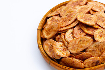 Banana chips on white background.