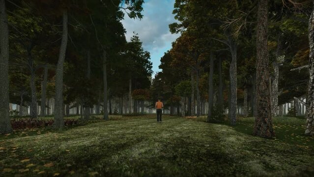 Man jogging through a beautiful forest, Autumn time