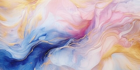 Obraz premium Abstract blue and pink marble texture with gold splashes, blue luxury background, Natural luxury abstract fluid art watercolor in alcohol ink technique, Generative AI