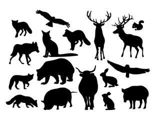 Collection silhouettes forest wild animals, predators and birds. Vector illustration. Isolated hand drawn black drawings of animals on white background.