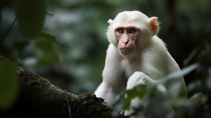Albino monkey in the green jungle. Generative AI