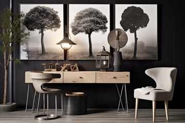a few mock up poster frames with trees in a modern decor on top of the table in the living room, Generative AI