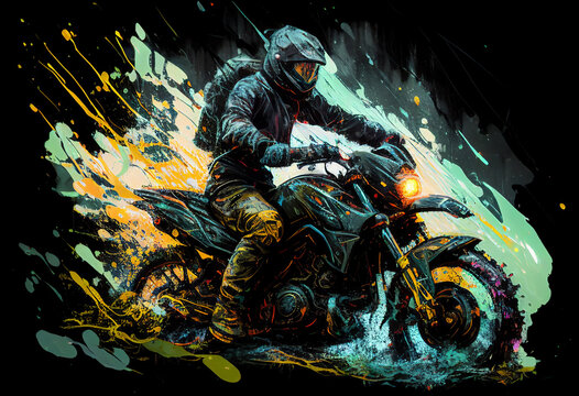 Watercolour abstract paintingof an off-road motorcyle and rider where the motorbike is driving through mud, dirt and water at an extreme sport event, computer Generative AI stock illustration image