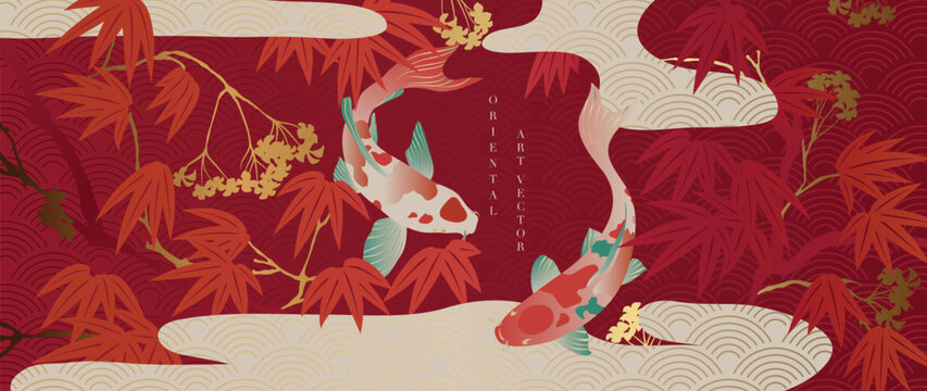 Luxury gold oriental style background vector. Retro Chinese and Japanese wallpaper pattern design of elegant koi carp, flowers, bamboo with gold line. Design illustration for decoration, wall decor.