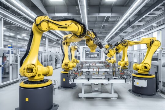Group of robots working together in a factory. Generative AI