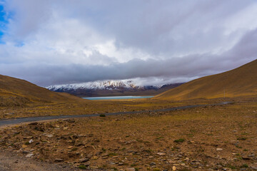 the road, snow cover the mountain, and Tso Kar lake, Beautiful scenery along the way at Ladakh, India