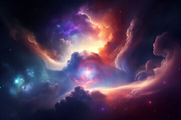 Obraz premium Supernova nebular explosion background showing the universe full of celestial stars in the night sky during a cosmic event in a galaxy making a dust cloud, computer Generative AI stock illustration