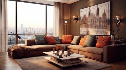 Elegant living room decor with mullioned walls and a stylish brown corner sofa with patterned pillows Generative AI