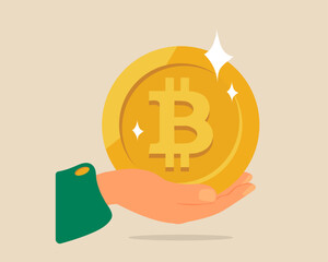 Businessman Hand holding a gold coin Bitcoin. Bitcoin and cryptocurrency concept. Vector illustration