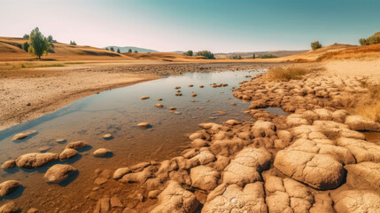 Dried lake and river on summer. Generative AI - obrazy, fototapety, plakaty