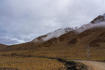 clouds covered mountains, cloudy sky, landscape at Spangnak Ri near Moriri lake, Ladakh, India
