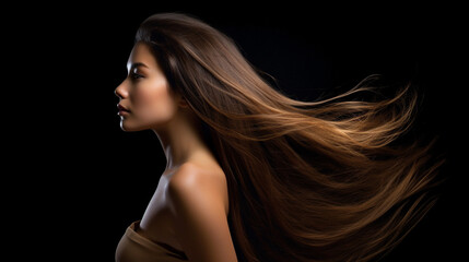 Naklejka premium Portrait of beautiful asian woman with straight long flying hair over dark background. Portrait of beautiful young woman with long brown hair. Profile portrait of a model with long hair. AI generated