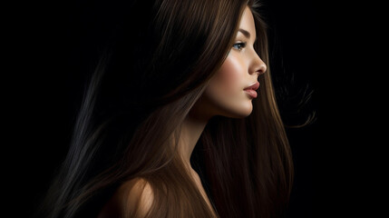 Fototapeta premium Portrait of beautiful young woman with straight long flying hair over dark background. Portrait of beautiful young woman with long brown hair. Profile portrait of a model with long hair. AI generated