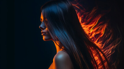 Portrait of beautiful young woman with flying hair on black background. Beautiful young woman with fire flames in hair. Beauty, fashion. Brunette model, contrast lighting. AI generated
