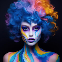 Fashion portrait of Beautiful girl with creative colorful makeup and hairstyle. Beauty art. Young woman with fantasy makeup and short curly hair over dark background. Face Art. AI generated