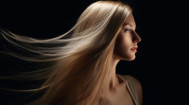 Portrait of beautiful young woman with straight long flying hair over dark background. Portrait of beautiful young woman with long white hair. Profile portrait of a model with long hair. AI generated