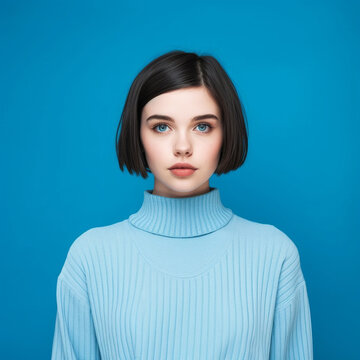 Portrait of a beautiful young woman with short black hair on blue background. Portrait of an attractive brunette girl with short hair, front view. Caucasian pretty lady looks at camera. AI generated