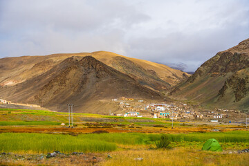 beautiful scenery of fields and houses of Hanle village, the background is surrounded by mountains at Ladakh, India